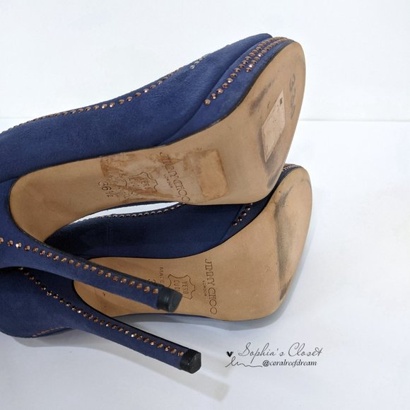 Jimmy Choo Blue Studded Suede Peep Toe High Heel - Picture 10 of 10
